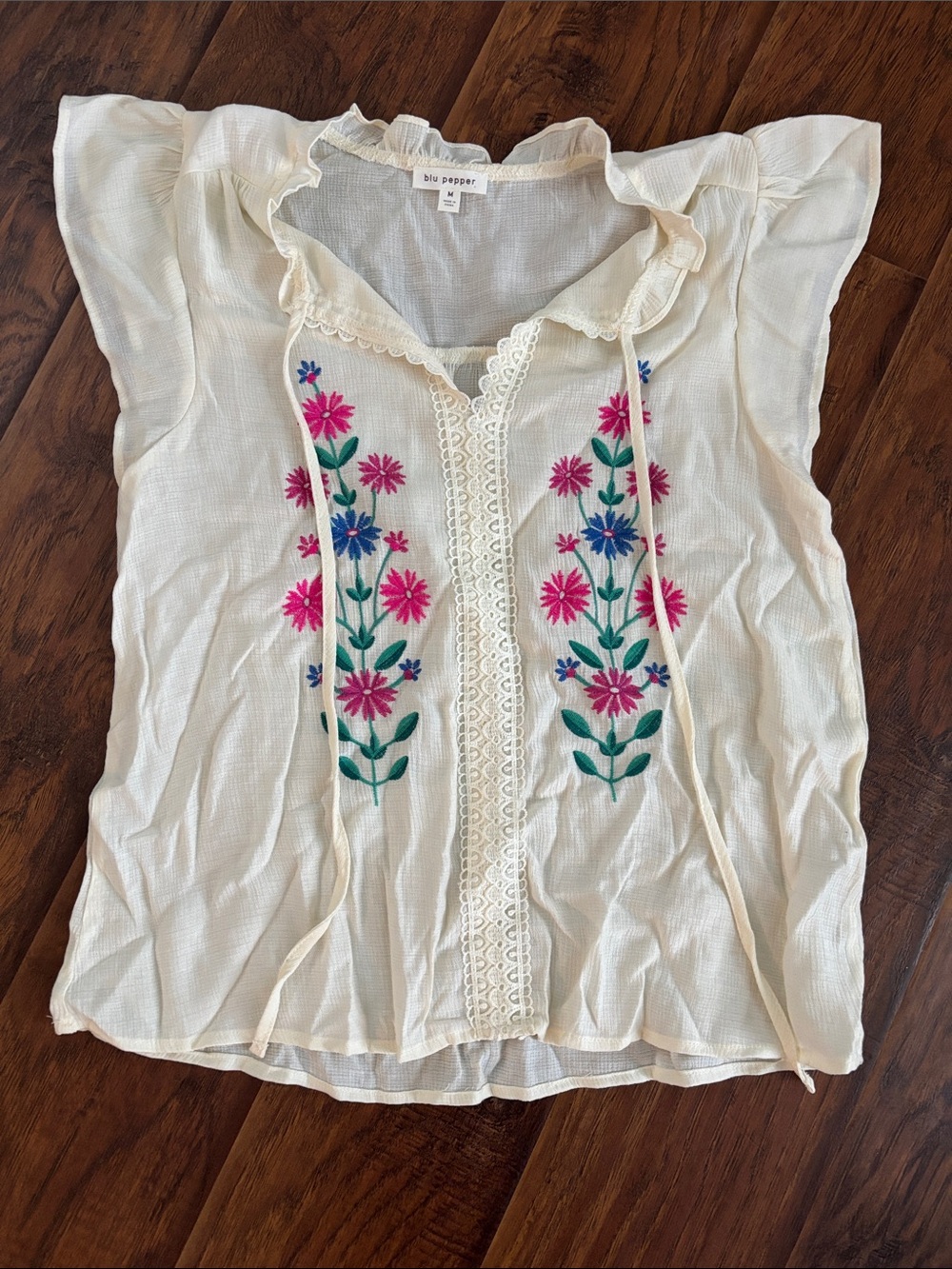 Blu Pepper Cream Floral Embroidered Ruffle Sleeve Peasant Top